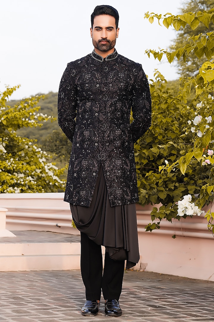 Black Jacquard Hand & Machine Embroidered Groom Indowestern Set by ZENITH COUTURE at Pernia's Pop Up Shop