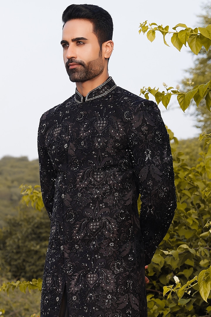 Black Jacquard Hand & Machine Embroidered Groom Indowestern Set by ZENITH COUTURE at Pernia's Pop Up Shop
