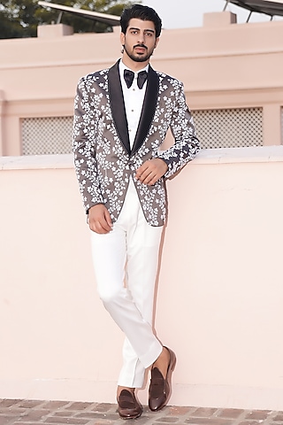 Dark Grey Satin Hand Embroidered Tuxedo Set by ZENITH COUTURE