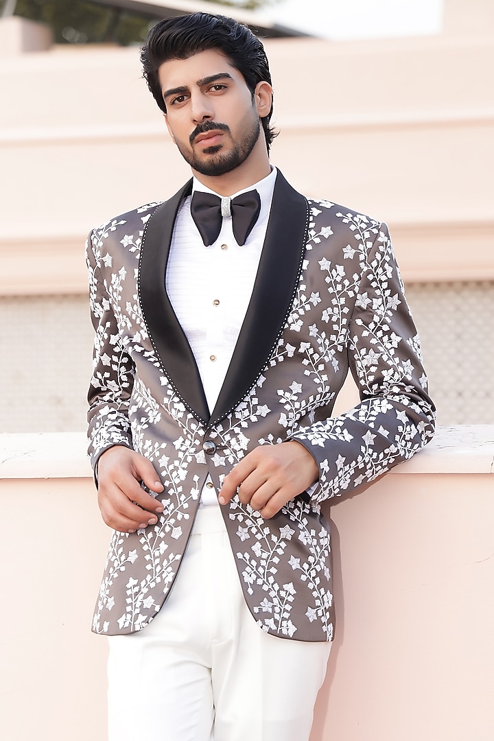 Dark Grey Satin Hand Embroidered Tuxedo Set by ZENITH COUTURE at Pernia's Pop Up Shop