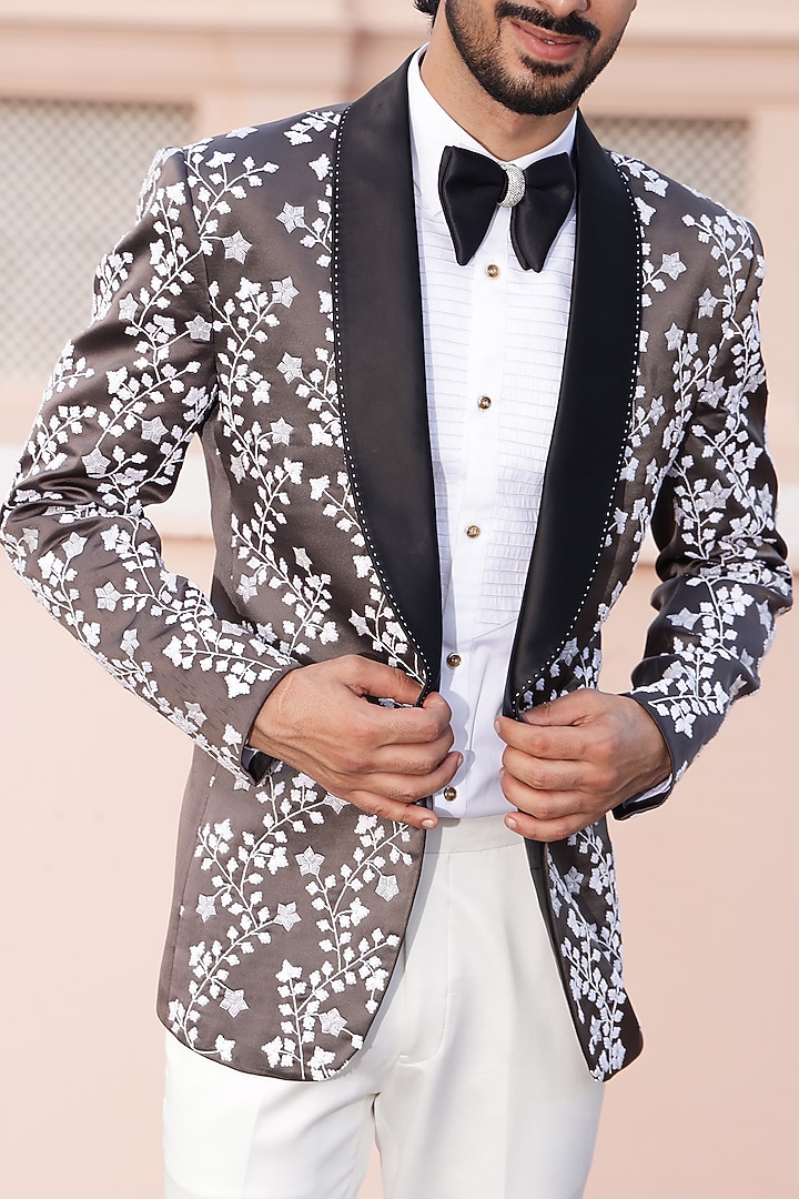 Dark Grey Satin Hand Embroidered Tuxedo Set by ZENITH COUTURE at Pernia's Pop Up Shop