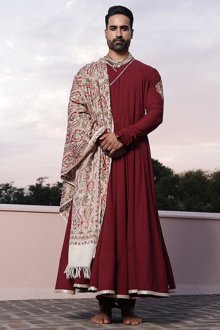 Maroon Crepe Hand Embroidered Anarkali Kurta Set by ZENITH COUTURE