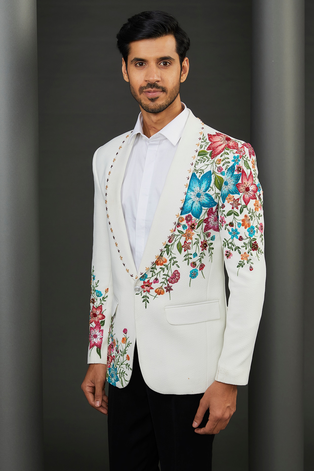 White Imported Crepe Floral Hand Painted Tuxedo Jacket by ZENITH