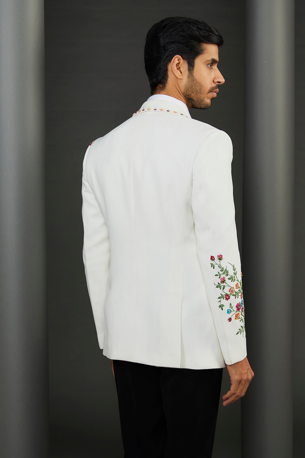 White Imported Crepe Floral Hand Painted Tuxedo Jacket by