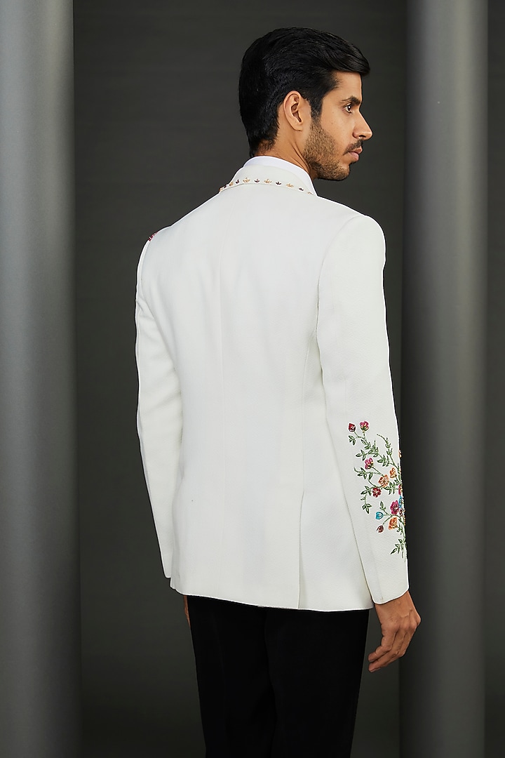 White Imported Crepe Floral Hand Painted Tuxedo Jacket by ZENITH COUTURE at Pernia's Pop Up Shop