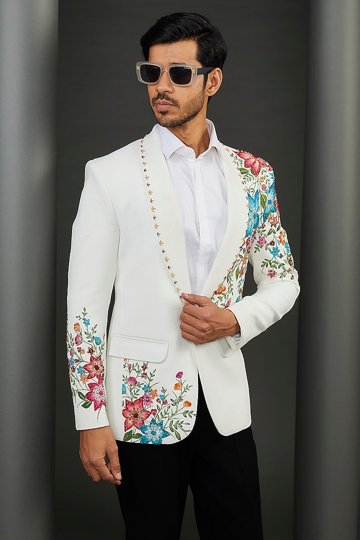 White Imported Crepe Floral Hand Painted Tuxedo Jacket by ZENITH COUTURE at Pernia's Pop Up Shop
