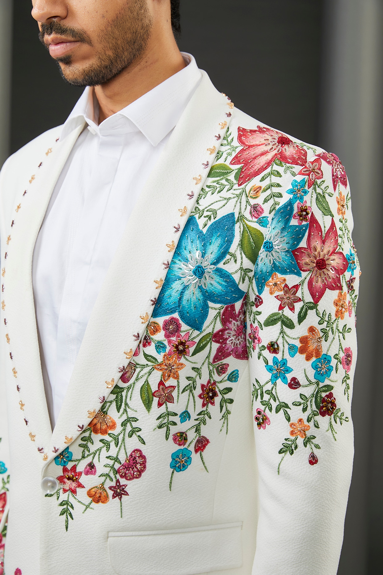 White Imported Crepe Floral Hand Painted Tuxedo Jacket by