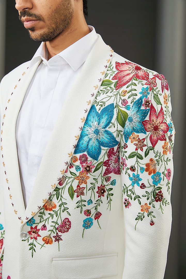 White Imported Crepe Floral Hand Painted Tuxedo Jacket by ZENITH COUTURE at Pernia's Pop Up Shop