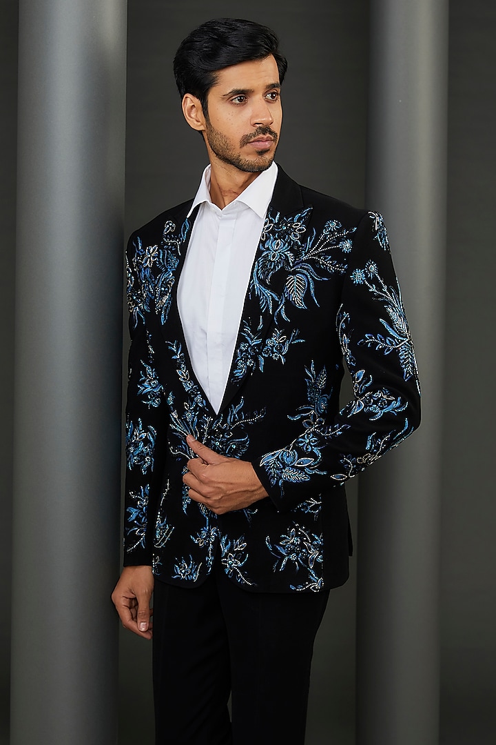 Black Japanese Fabric Metallic Hand Painted & Embroidered Tuxedo Jacket by ZENITH COUTURE