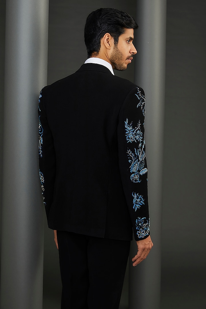 Black Japanese Fabric Metallic Hand Painted & Embroidered Tuxedo Jacket by ZENITH COUTURE at Pernia's Pop Up Shop