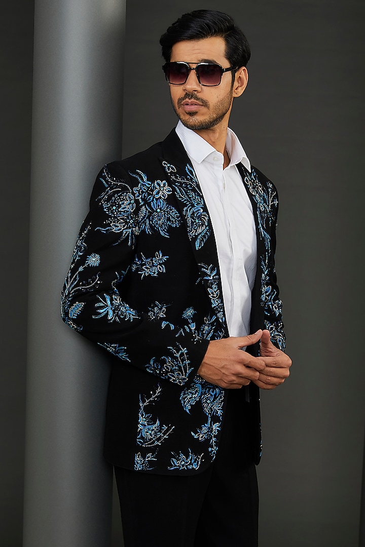 Black Japanese Fabric Metallic Hand Painted & Embroidered Tuxedo Jacket by ZENITH COUTURE at Pernia's Pop Up Shop