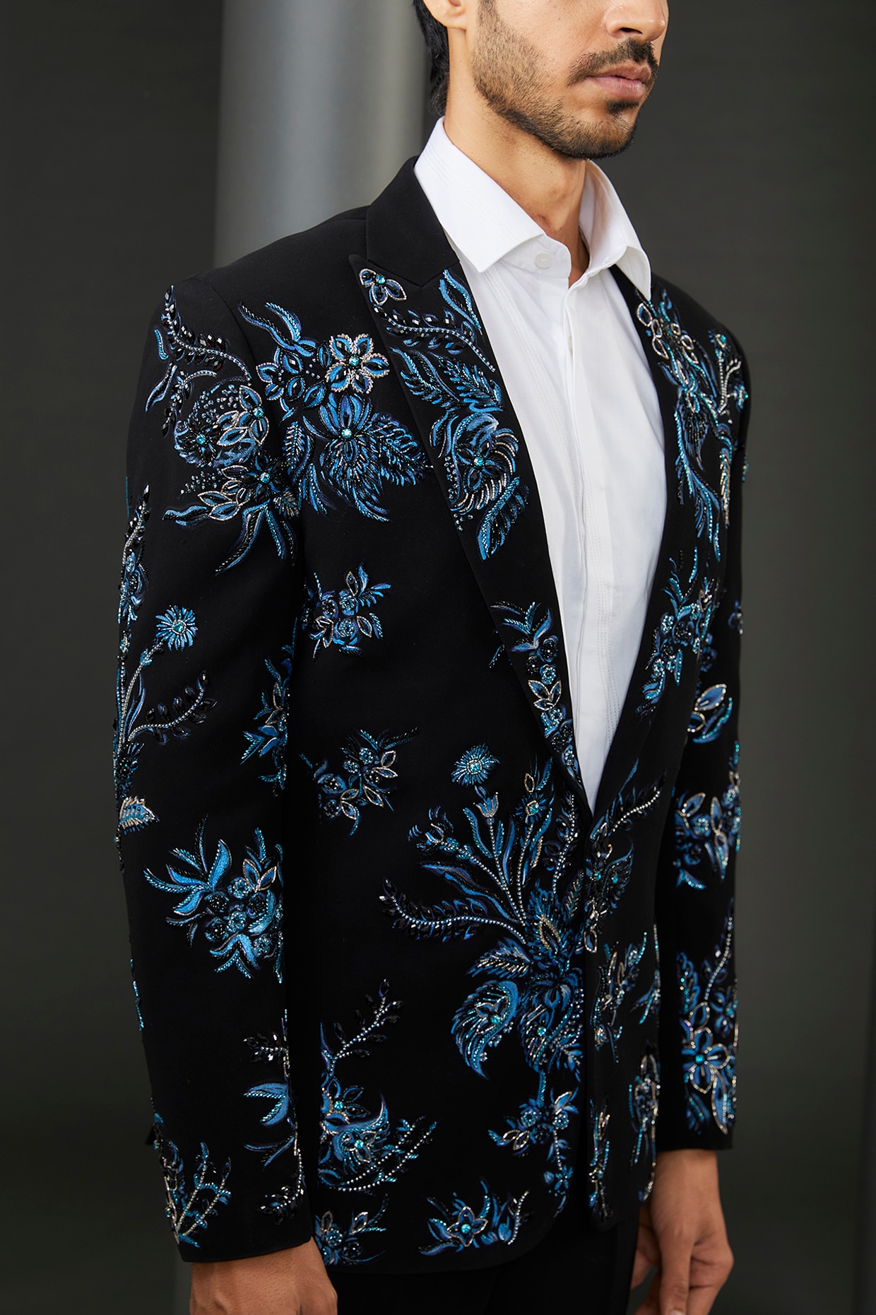 Black Japanese Fabric Metallic Hand Painted & Embroidered Tuxedo
