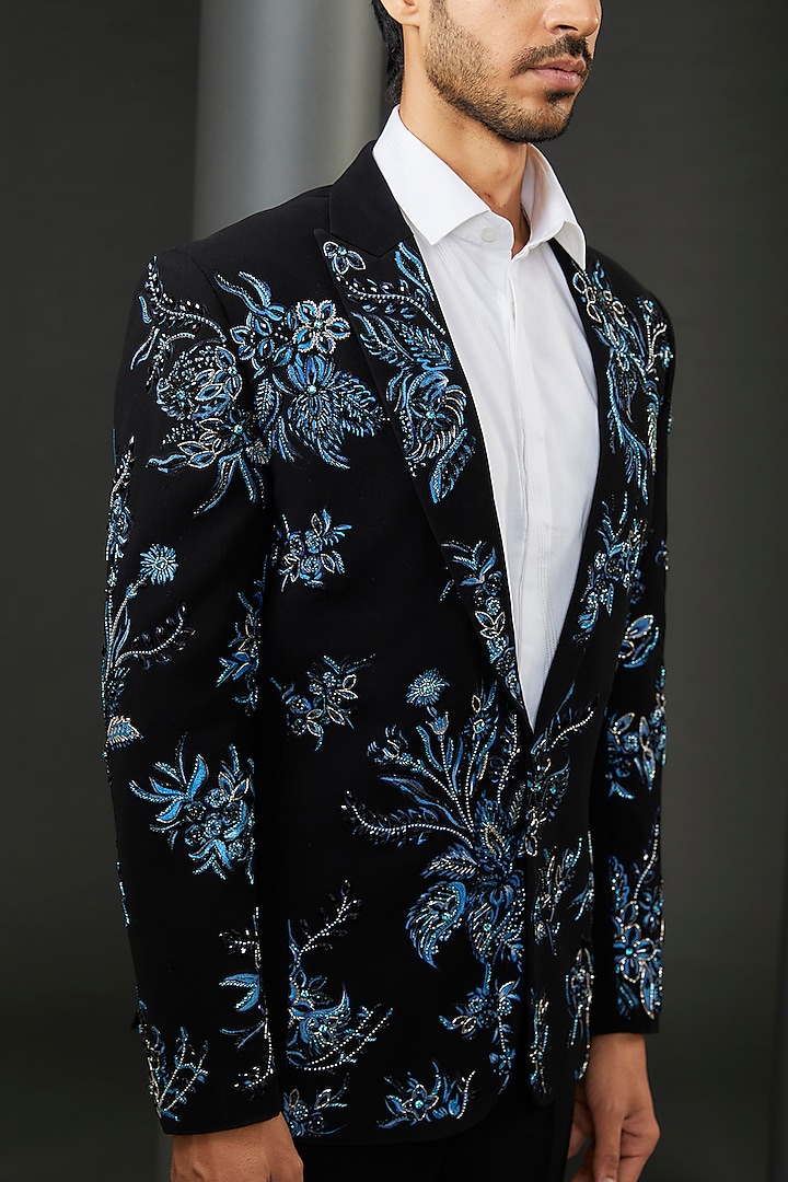 Black Japanese Fabric Metallic Hand Painted & Embroidered Tuxedo Jacket by ZENITH COUTURE at Pernia's Pop Up Shop
