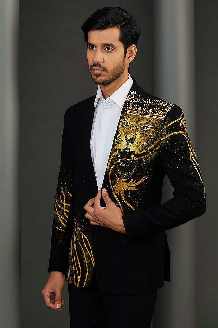 Black Japanese Fabric Lion Face Hand Painted Tuxedo Jacket by ZENITH COUTURE