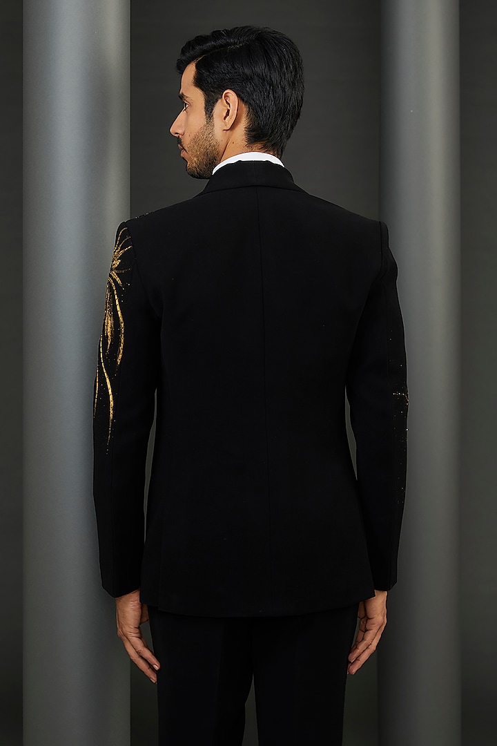 Black Japanese Fabric Lion Face Hand Painted Tuxedo Jacket by ZENITH COUTURE at Pernia's Pop Up Shop