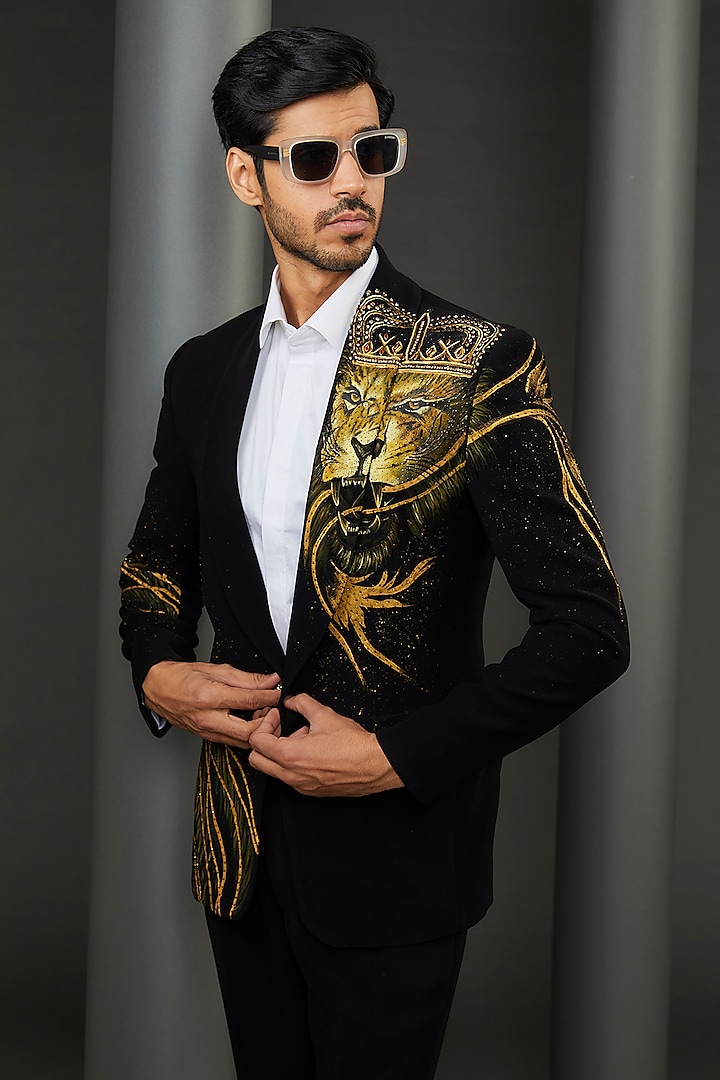 Black Japanese Fabric Lion Face Hand Painted Tuxedo Jacket by ZENITH COUTURE at Pernia's Pop Up Shop