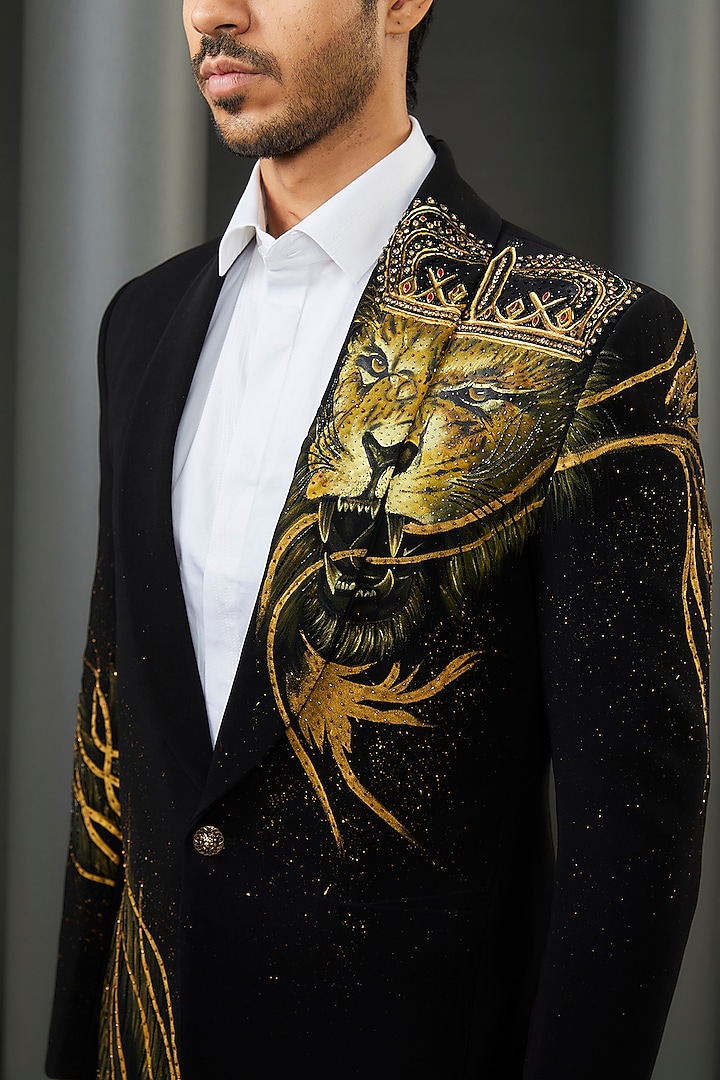 Black Japanese Fabric Lion Face Hand Painted Tuxedo Jacket by ZENITH COUTURE at Pernia's Pop Up Shop