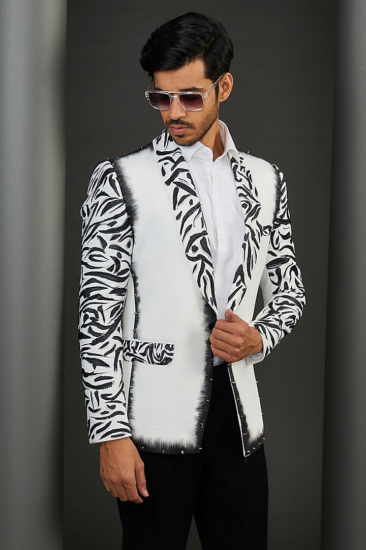 White Japanese Fabric Tiger Hand Painted Tuxedo Jacket by ZENITH COUTURE at Pernia's Pop Up Shop