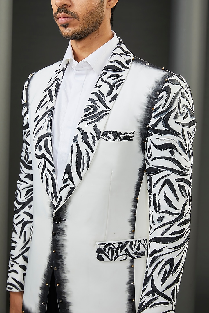 White Japanese Fabric Tiger Hand Painted Tuxedo Jacket by ZENITH COUTURE at Pernia's Pop Up Shop
