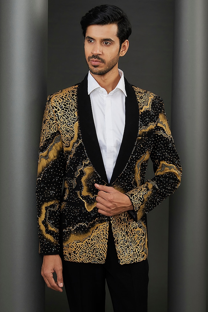 Black Japanese Fabric Gold Hand Painted & Crystal Embroidered Tuxedo Jacket by ZENITH COUTURE