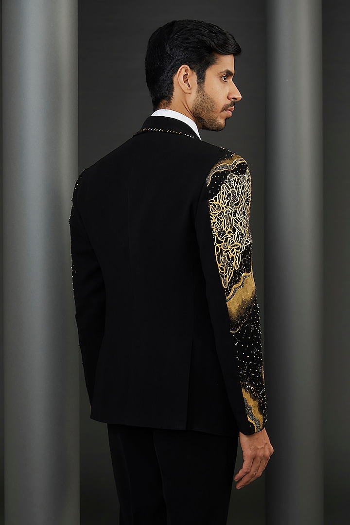 Black Japanese Fabric Gold Hand Painted & Crystal Embroidered Tuxedo Jacket by ZENITH COUTURE at Pernia's Pop Up Shop