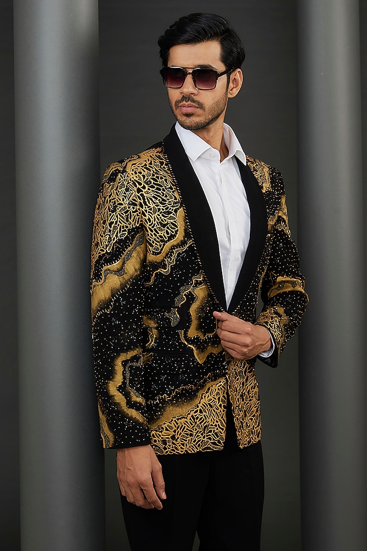 slim fit dress slacks Black Long Dress with Golden Jacket – CNP Associates LLC