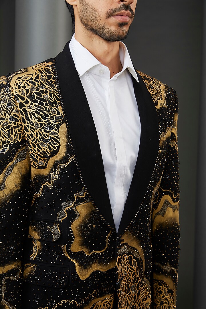Black Japanese Fabric Gold Hand Painted & Crystal Embroidered Tuxedo Jacket by ZENITH COUTURE at Pernia's Pop Up Shop