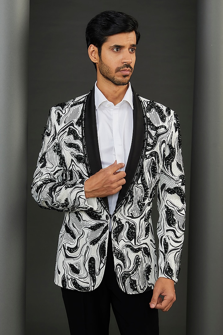 White Pebble Crepe Marble Hand Painted Tuxedo Jacket by ZENITH COUTURE