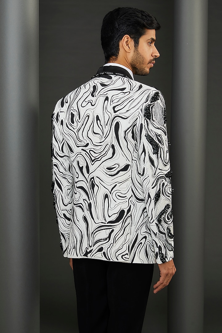 White Pebble Crepe Marble Hand Painted Tuxedo Jacket by ZENITH COUTURE at Pernia's Pop Up Shop