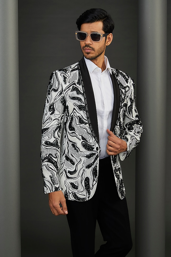 White Pebble Crepe Marble Hand Painted Tuxedo Jacket by ZENITH COUTURE at Pernia's Pop Up Shop