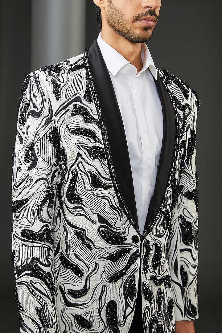 White Pebble Crepe Marble Hand Painted Tuxedo Jacket by ZENITH COUTURE at Pernia's Pop Up Shop