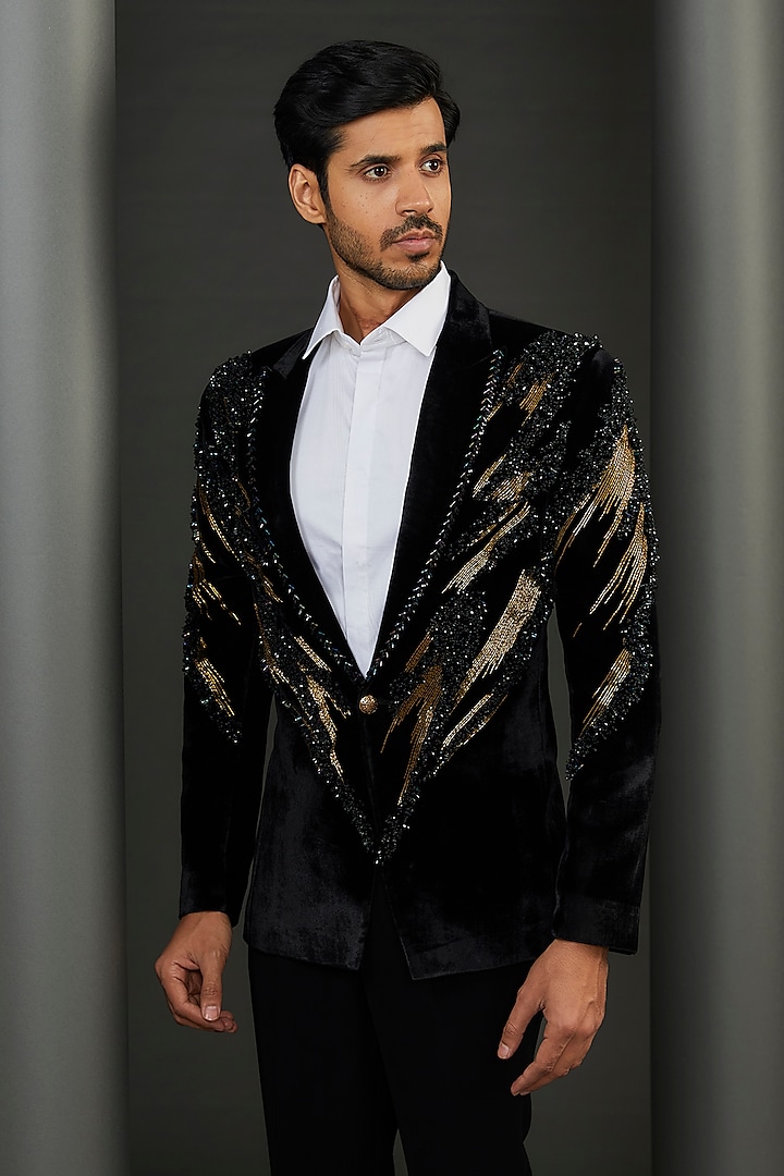 Black Silk Velvet 3D Embroidered Tuxedo Jacket by ZENITH COUTURE