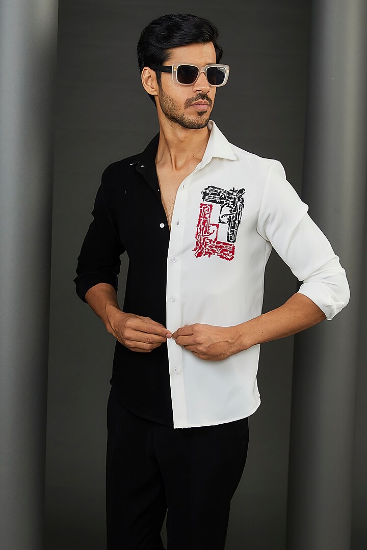 Black & White Japanese Fabric Gun Hand Painted Shirt by ZENITH COUTURE at Pernia's Pop Up Shop