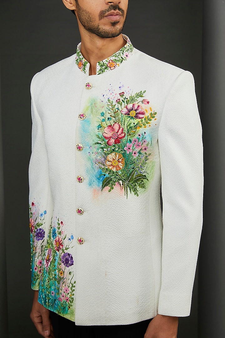 White Pebble Crepe Floral Hand Painted Bandhgala Set by ZENITH COUTURE at Pernia's Pop Up Shop
