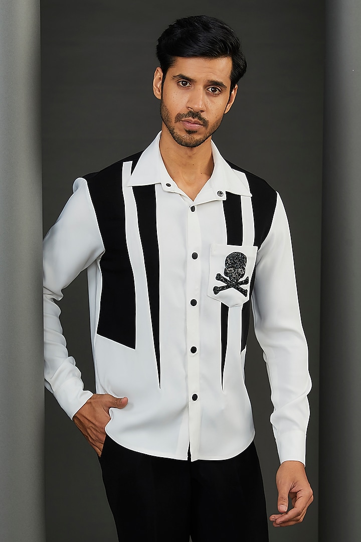 Black & White Japanese Fabric Hand Embroidered Shirt by ZENITH COUTURE