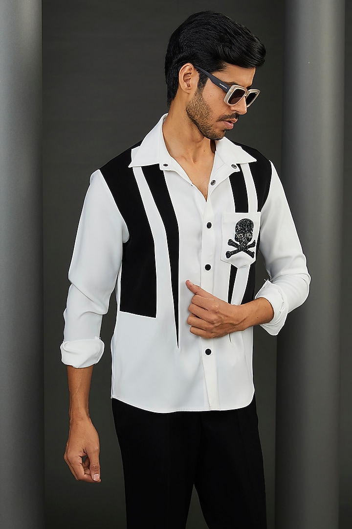 Black & White Japanese Fabric Hand Embroidered Shirt by ZENITH COUTURE at Pernia's Pop Up Shop