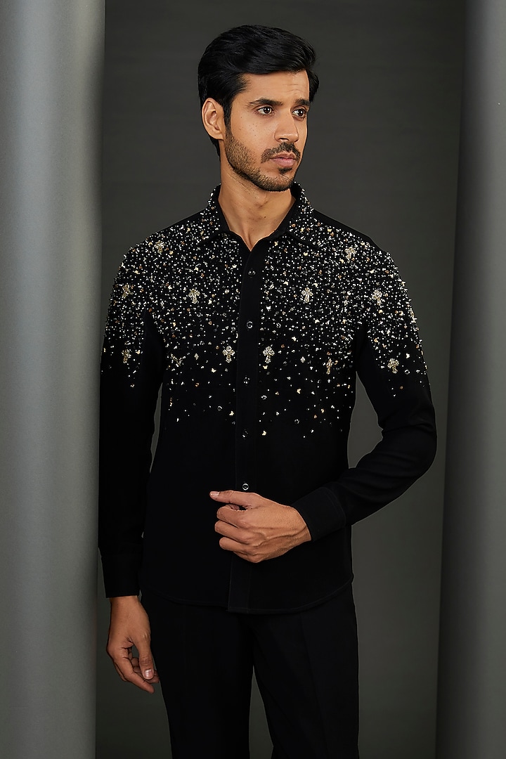 Black Japanese Fabric Metallic Embroidered Shirt by ZENITH COUTURE