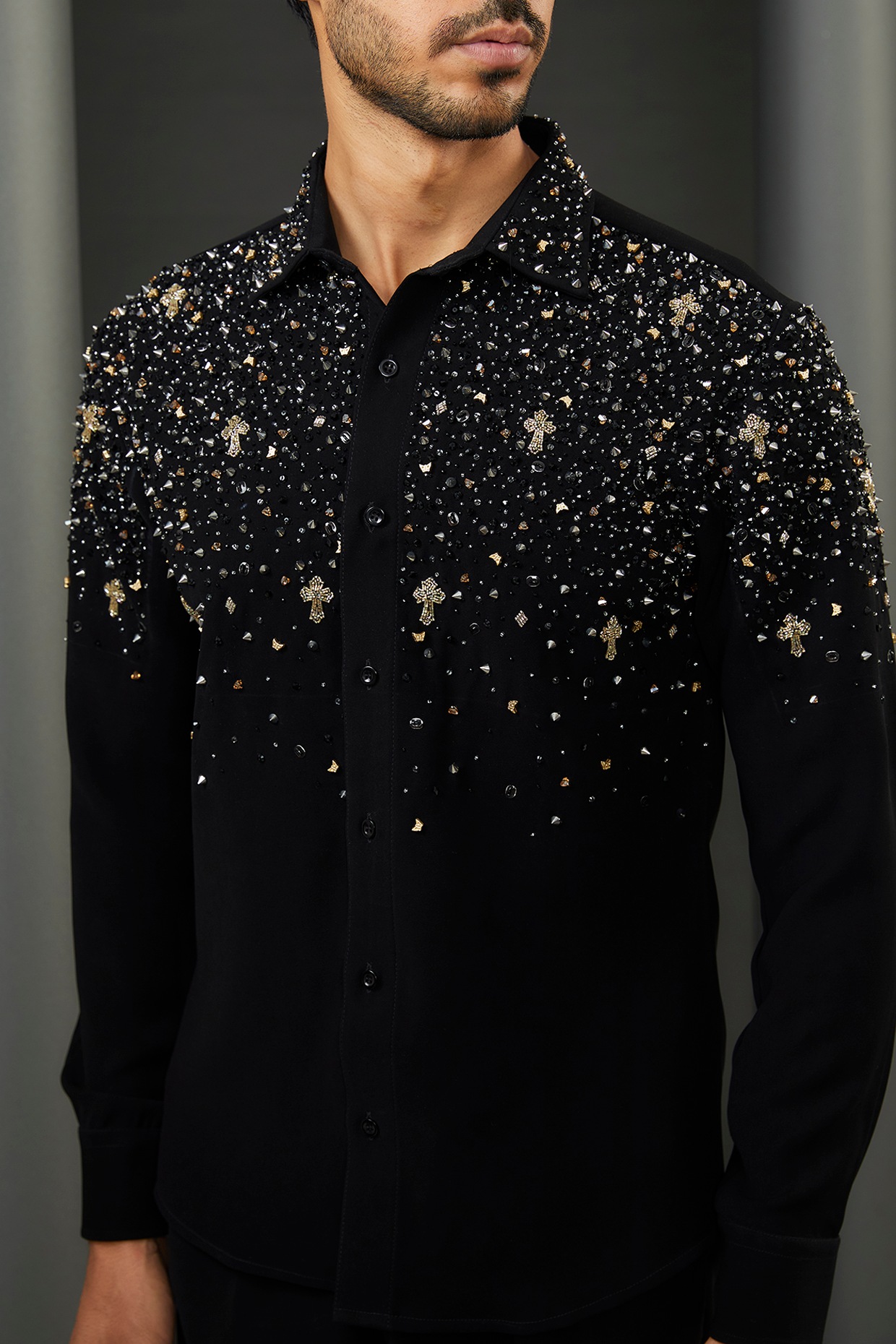 Black Japanese Fabric Metallic Embroidered Shirt by ZENITH COUTURE