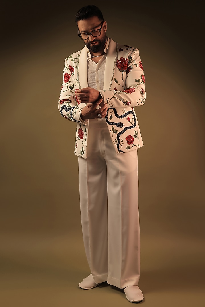 White Korean Lycra Embroidered & Hand Painted Tuxedo Set by ZENITH COUTURE at Pernia's Pop Up Shop