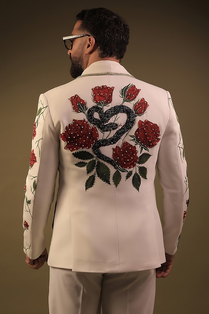 White Korean Lycra Embroidered & Hand Painted Tuxedo Set by ZENITH COUTURE at Pernia's Pop Up Shop