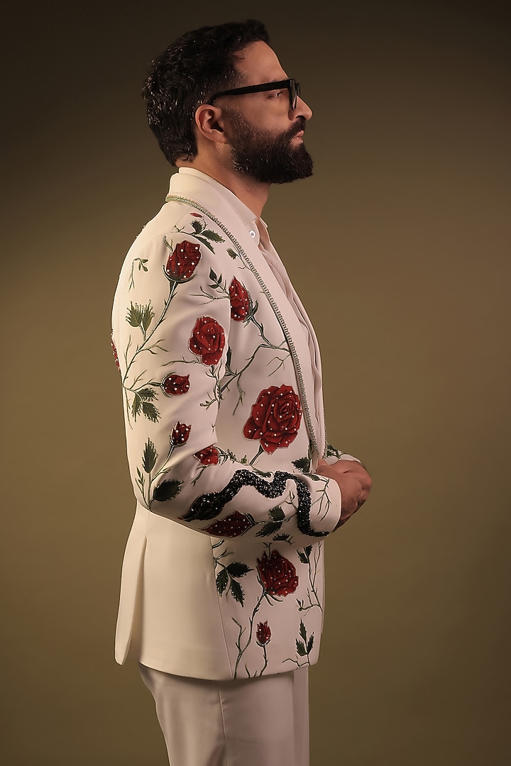 White Korean Lycra Embroidered & Hand Painted Tuxedo Set by ZENITH COUTURE at Pernia's Pop Up Shop