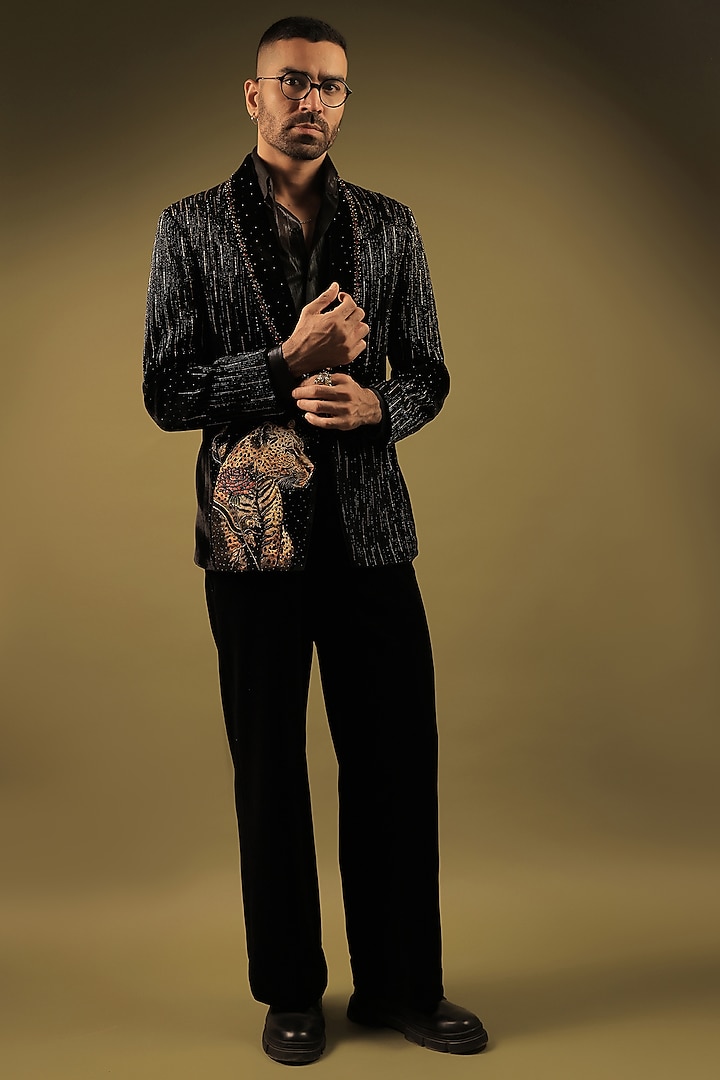 Black Velvet Embellished & Hand Painted Tuxedo Set by ZENITH COUTURE at Pernia's Pop Up Shop