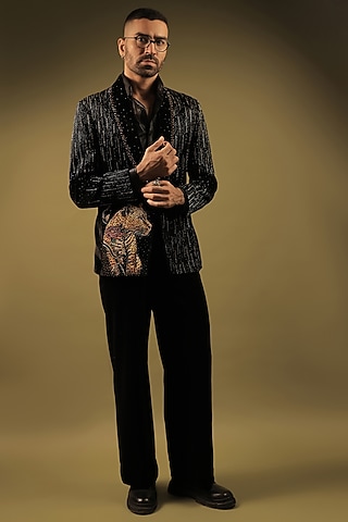 Black Velvet Embellished & Hand Painted Tuxedo Set by ZENITH COUTURE