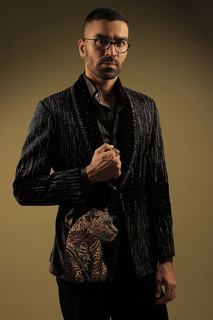 Black Velvet Embellished & Hand Painted Tuxedo Set by ZENITH COUTURE at Pernia's Pop Up Shop