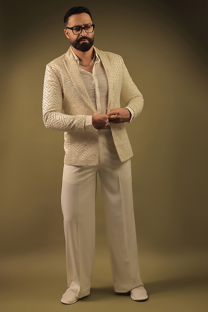 White Jacquard Cutdana Embroidered Tuxedo Set by ZENITH COUTURE at Pernia's Pop Up Shop