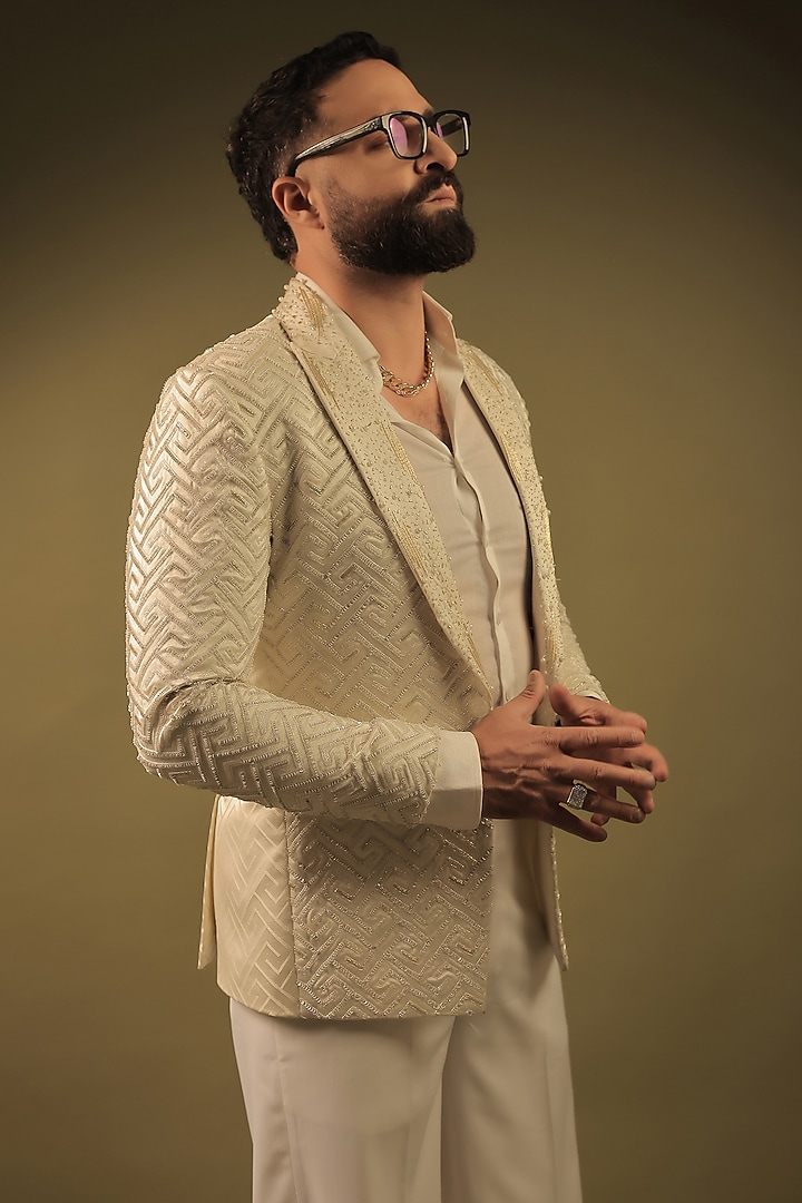 White Jacquard Cutdana Embroidered Tuxedo Set by ZENITH COUTURE at Pernia's Pop Up Shop