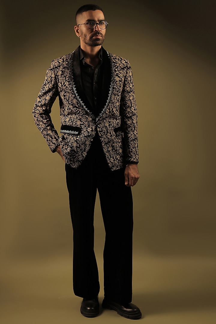 Black Velvet Cutdana Work Tuxedo Set by ZENITH COUTURE at Pernia's Pop Up Shop