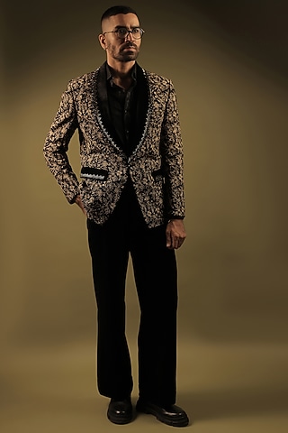 Black Velvet Cutdana Work Tuxedo Set by ZENITH COUTURE