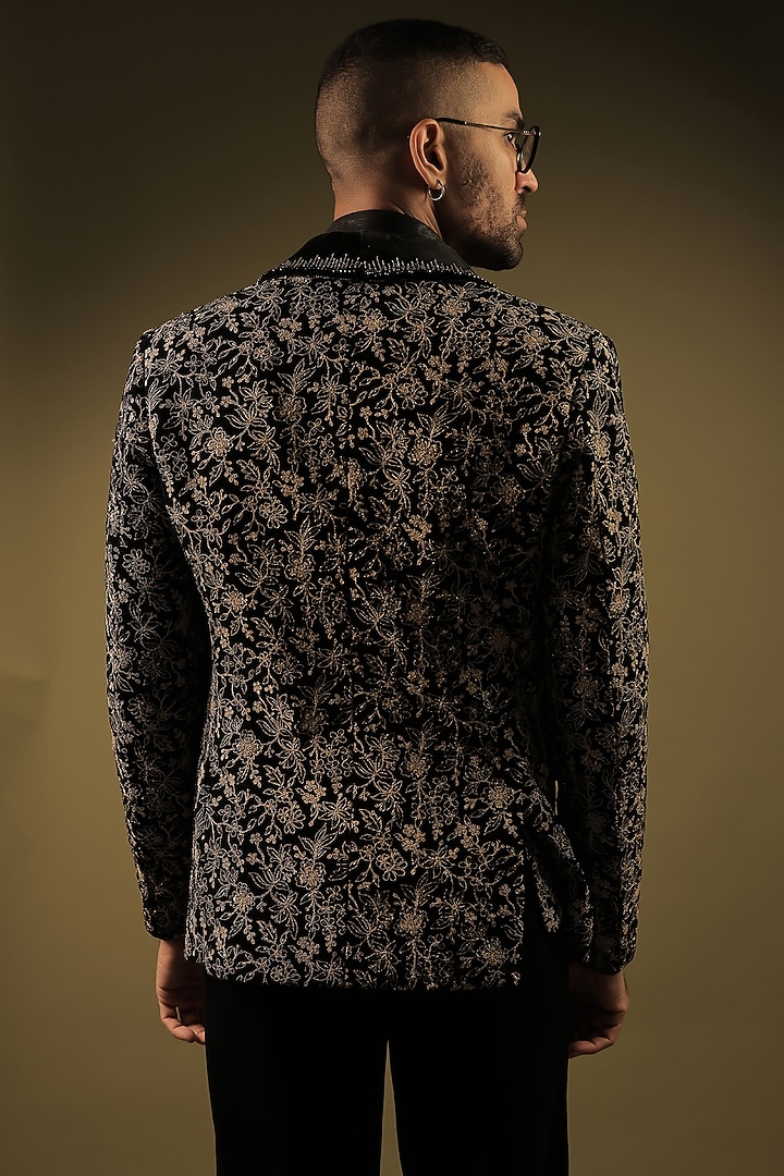 Black Velvet Cutdana Work Tuxedo Set by ZENITH COUTURE at Pernia's Pop Up Shop