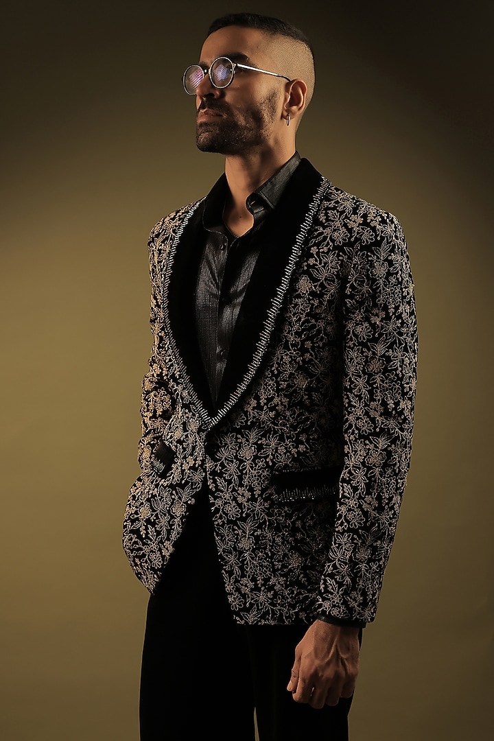 Black Velvet Cutdana Work Tuxedo Set by ZENITH COUTURE at Pernia's Pop Up Shop